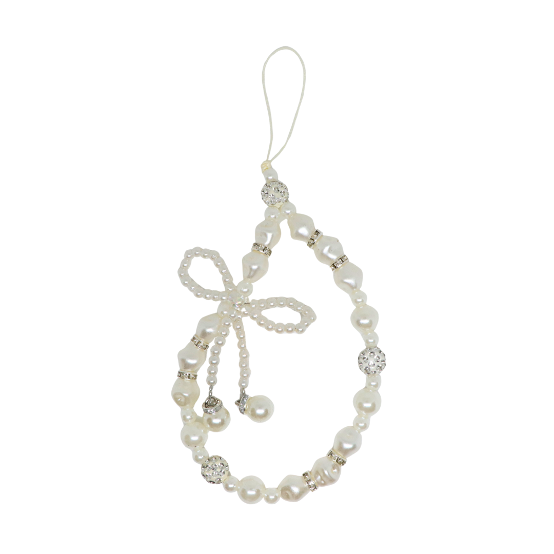Caser Custom Silver and White Pearl Bow Rhinestone phone charm, detail view