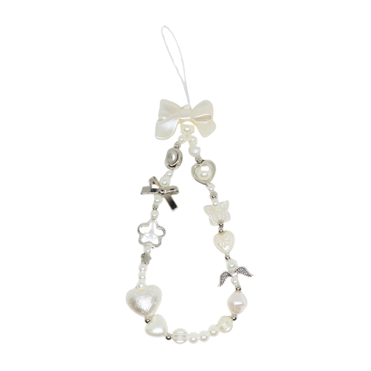 Caser Custom Pearl Bow with Silver Wings phone charm, detail view