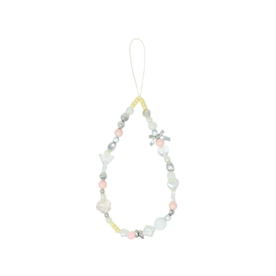Caser Custom Pink and Silver and White Clear Beads with Silver Ribbon phone charm, detail view
