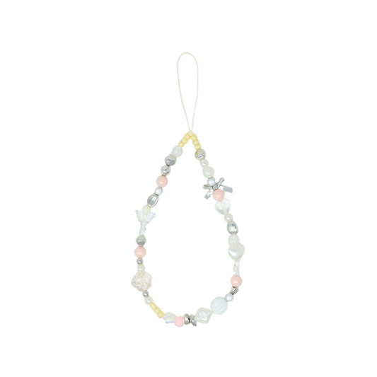 Caser Custom Pink and Silver and White Clear Beads with Silver Ribbon phone charm, detail view