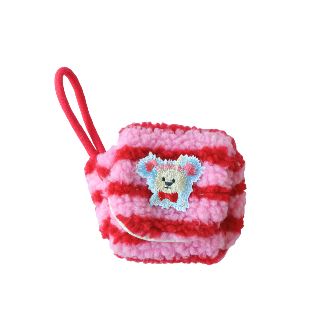 Plush Airpod Pouch - Mini Pink Striped Case With Cute Dog Patch