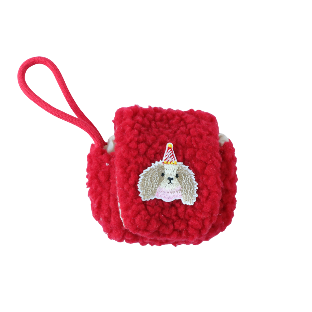 Plush Airpod Pouch - Mini Red Case With Cute Dog Patch