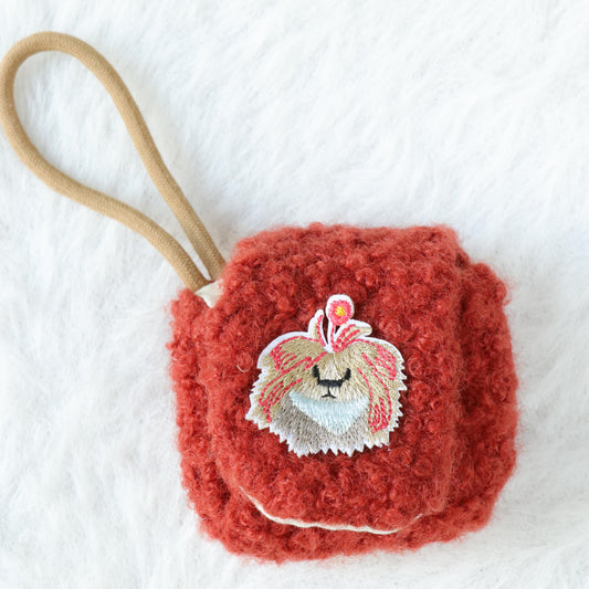 Plush Airpod Pouch - Mini Brown Red Case With Cute Dog Patch