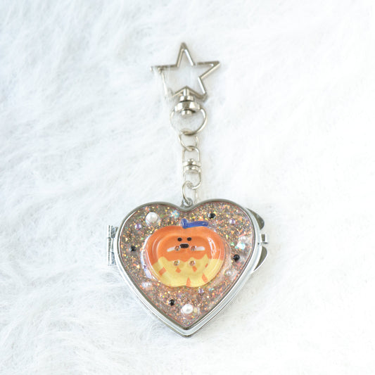 Gingham Apple Button Heart Mirror Keychain - Handmade Resin Orange Glitter Charm