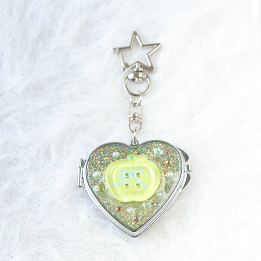 Gingham Apple Button Heart Mirror Keychain - Handmade Resin Yellow Glitter Charm