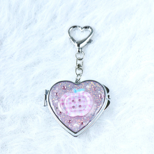 Gingham Apple Button Heart Mirror Keychain - Handmade Resin Pink Glitter Charm