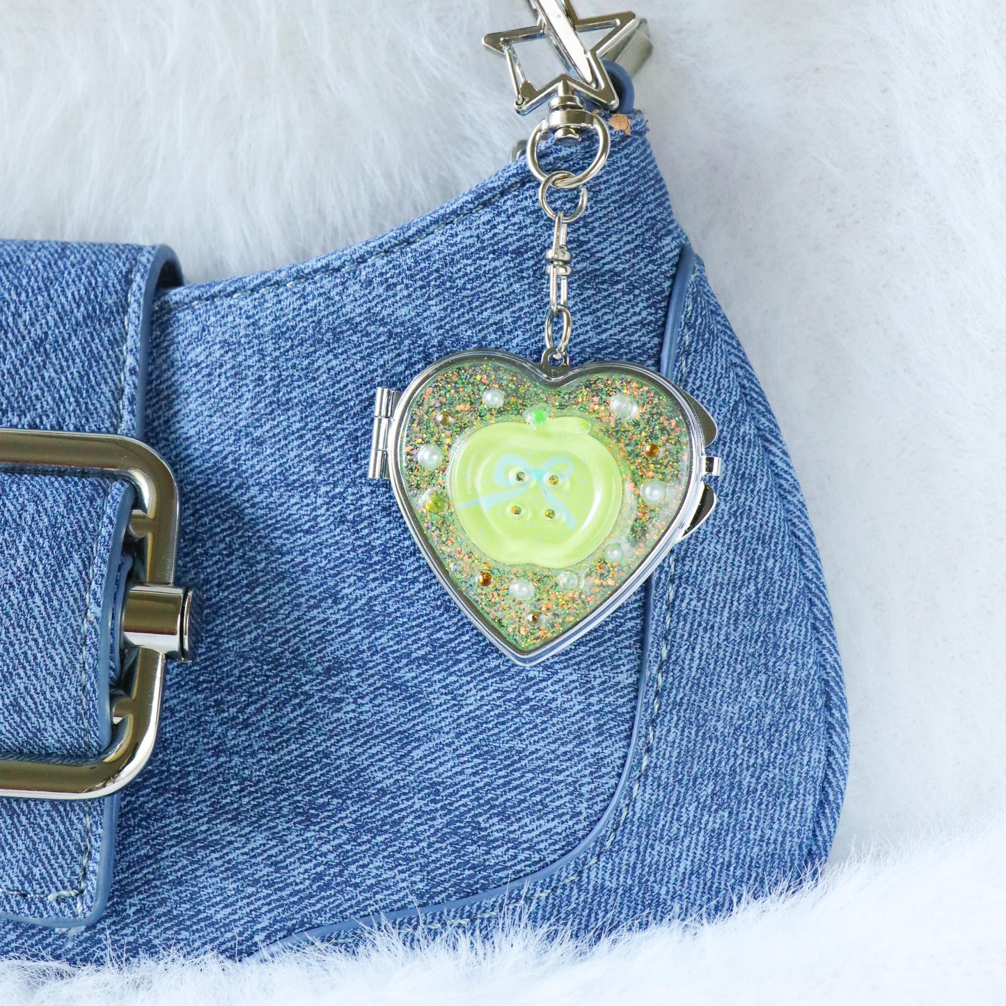 Gingham Apple Button Heart Mirror Keychain - Handmade Resin Yellow Glitter Charm