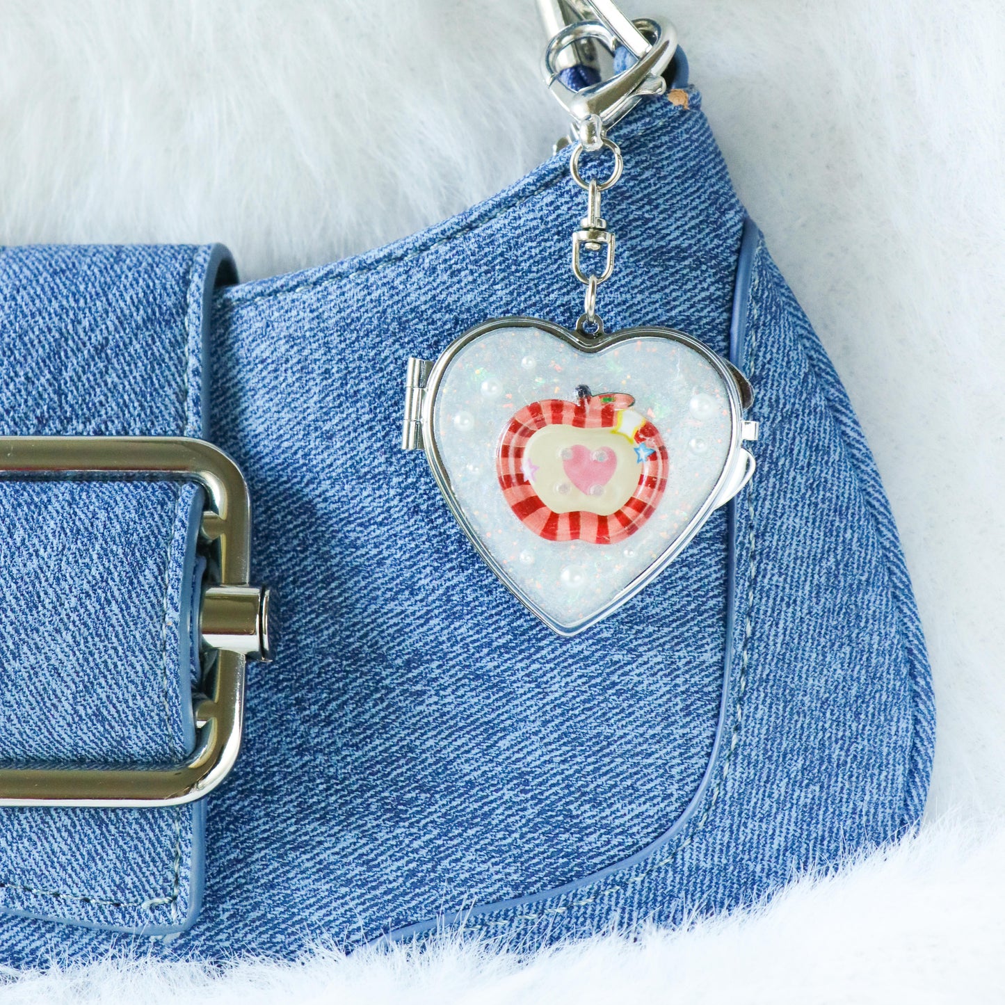 Gingham Apple Button Heart Mirror Keychain - Handmade Resin White Glitter Charm