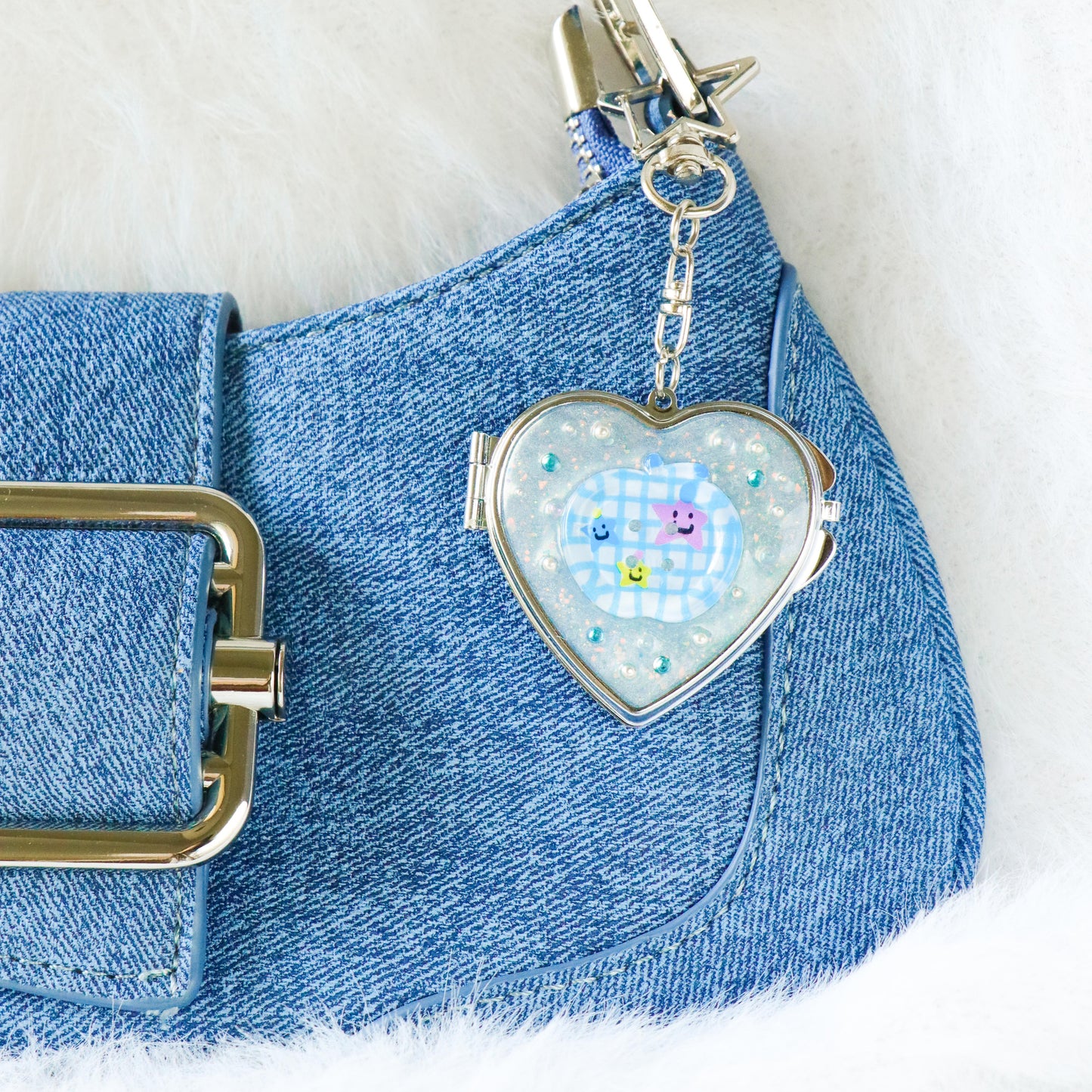 Gingham Apple Button Heart Mirror Keychain - Handmade Resin Blue Glitter Charm