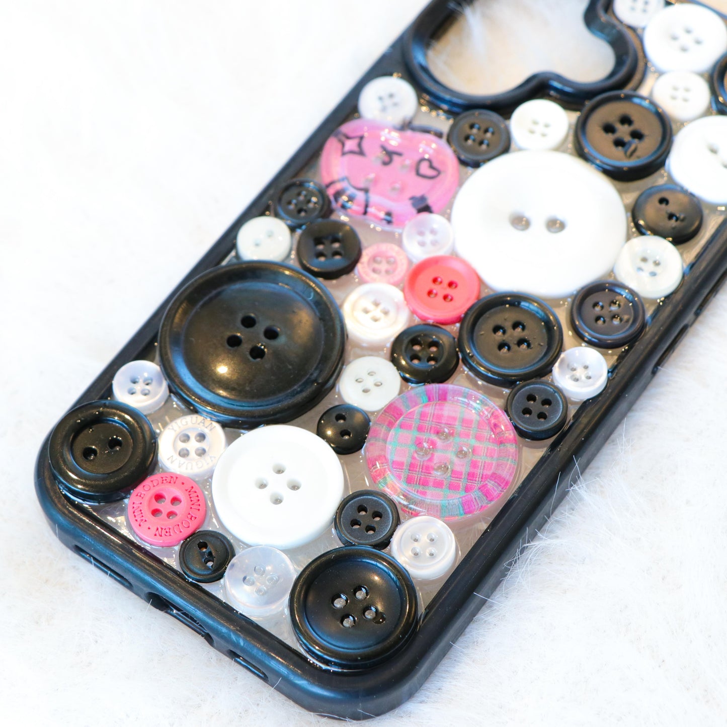 Handmade Resin Phone Case - Black Pink Button - iPhone 16