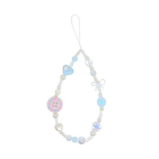 Caser Custom Pastal Blue with Pink Button phone charm, detail view