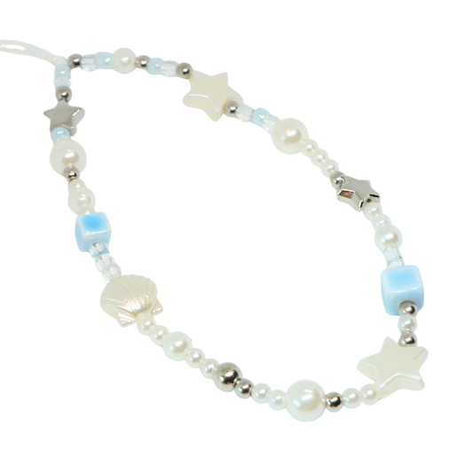 Caser Custom Blue and White Pearl Shell with Silver Stars phone charm, product photo