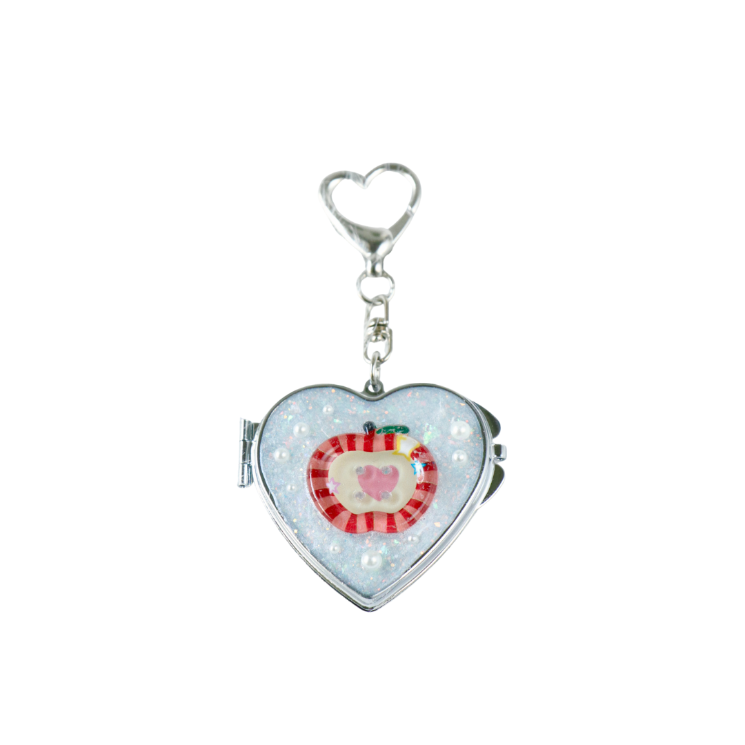 Gingham Apple Button Heart Mirror Keychain - Handmade Resin White Glitter Charm