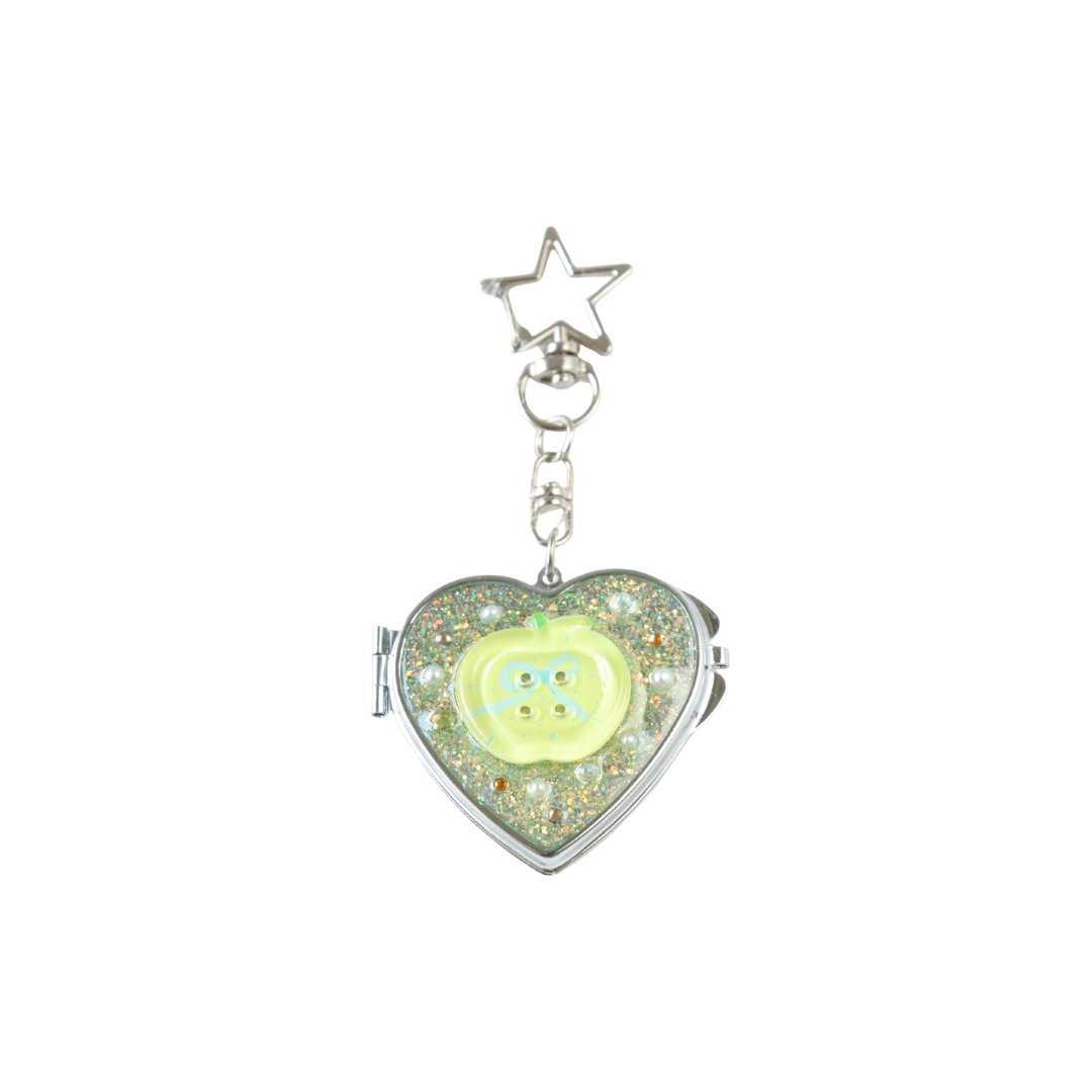 Gingham Apple Button Heart Mirror Keychain - Handmade Resin Yellow Glitter Charm