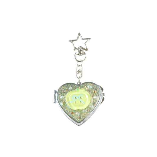 Gingham Apple Button Heart Mirror Keychain - Handmade Resin Yellow Glitter Charm