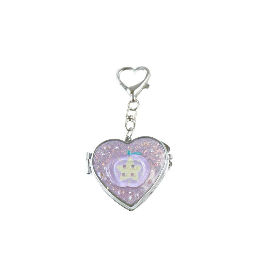 Gingham Apple Button Heart Mirror Keychain - Handmade Resin Purple Glitter Charm