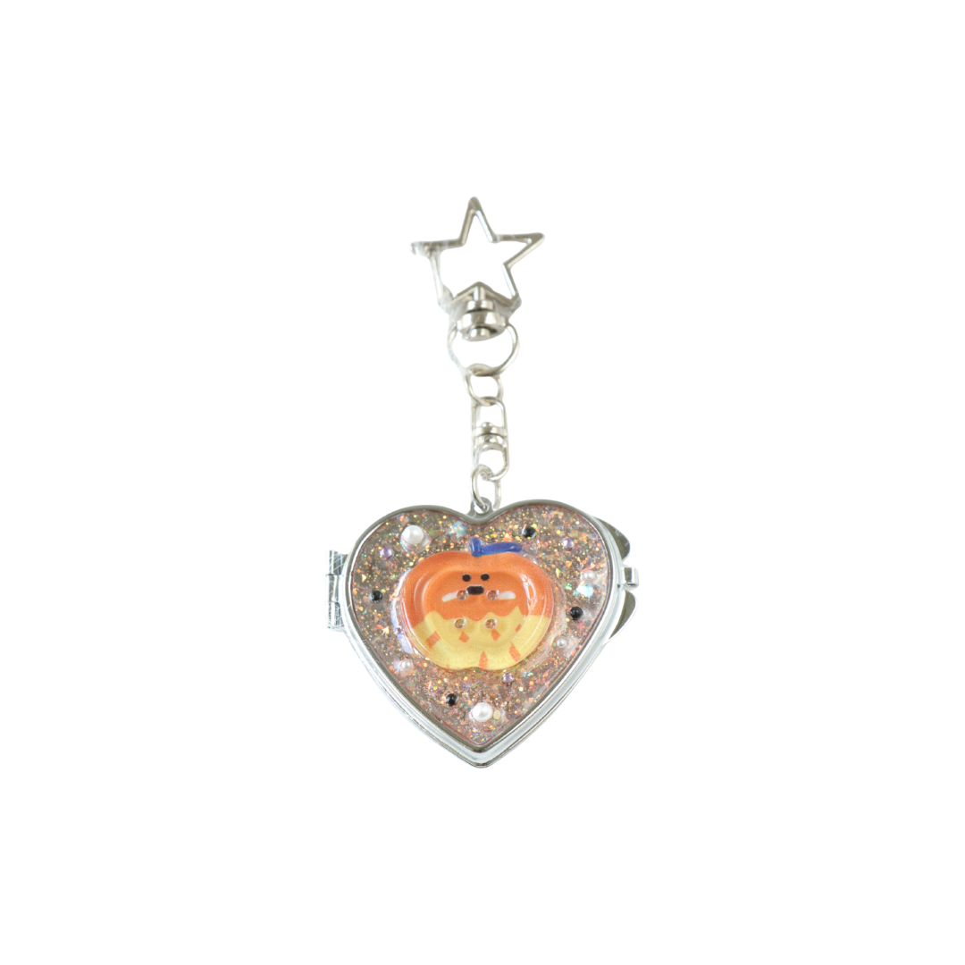 Gingham Apple Button Heart Mirror Keychain - Handmade Resin Orange Glitter Charm