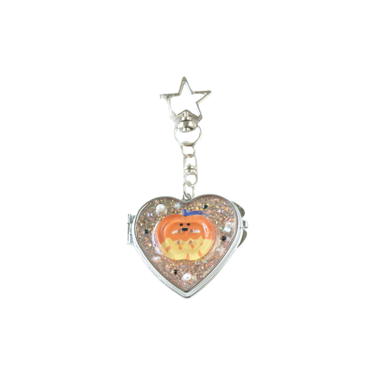 Gingham Apple Button Heart Mirror Keychain - Handmade Resin Orange Glitter Charm