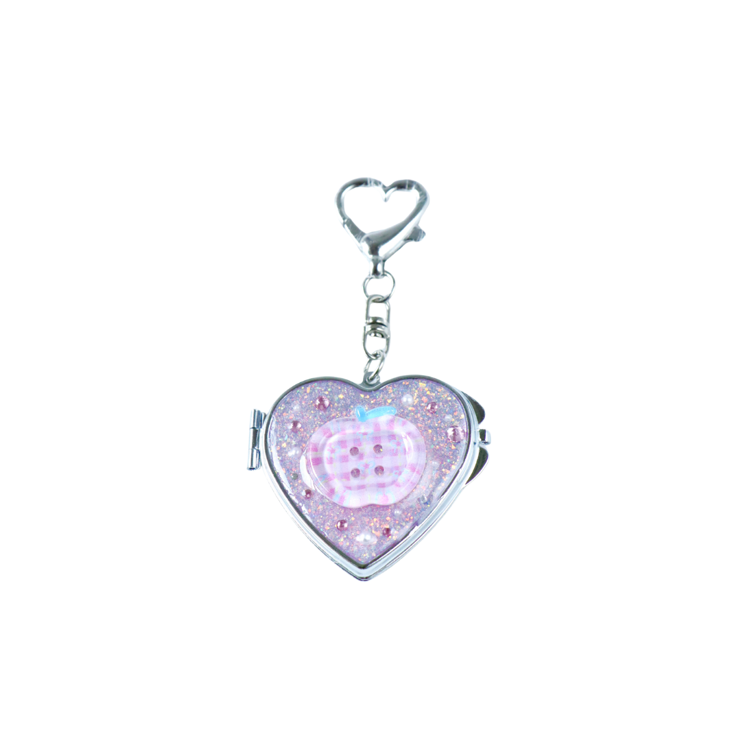 Gingham Apple Button Heart Mirror Keychain - Handmade Resin Pink Glitter Charm