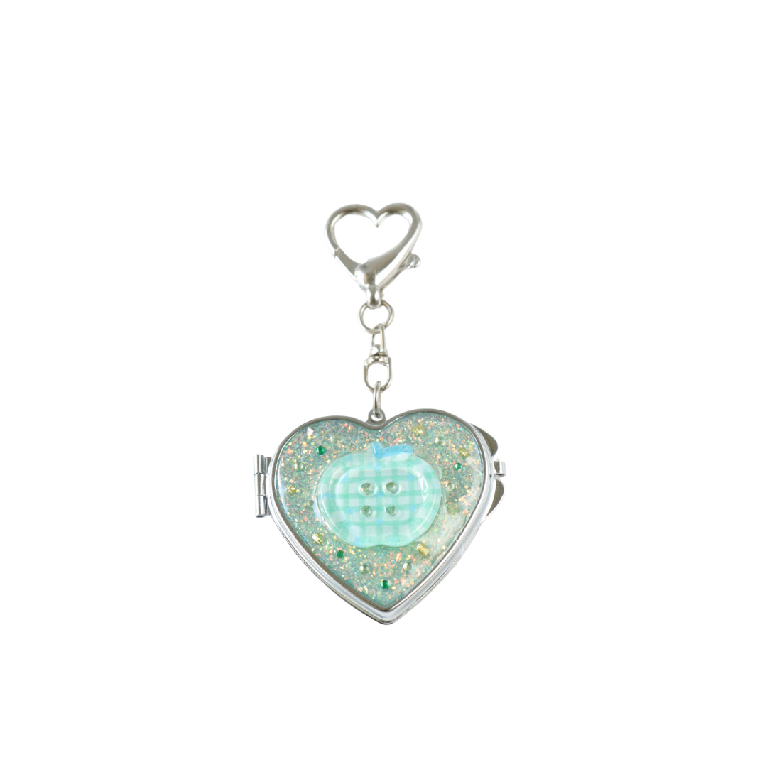 Gingham Apple Button Heart Mirror Keychain - Handmade Resin Green Glitter Charm