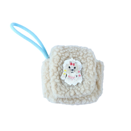 Plush Airpod Pouch - Mini Beige Case With Cute Dog Patch