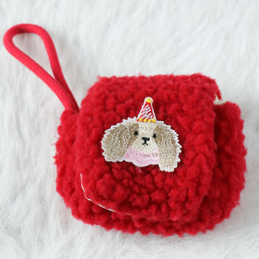 Plush Airpod Pouch - Mini Red Case With Cute Dog Patch