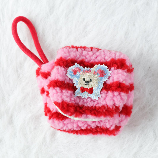 Plush Airpod Pouch - Mini Pink Striped Case With Cute Dog Patch