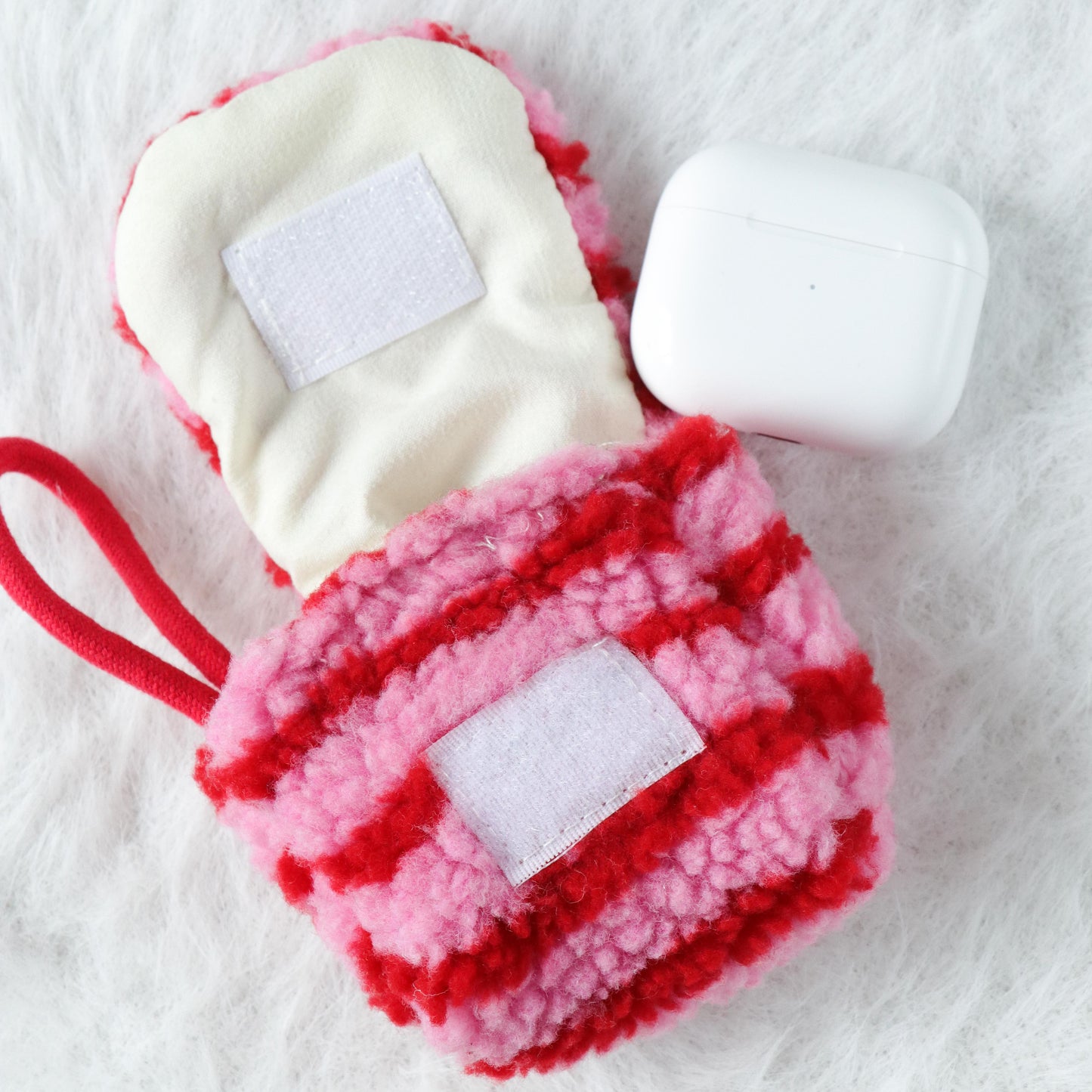 Plush Airpod Pouch - Mini Pink Striped Case With Cute Dog Patch