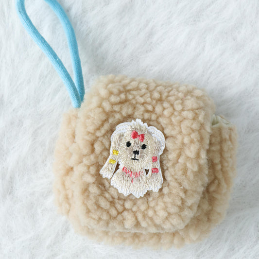 Plush Airpod Pouch - Mini Beige Case With Cute Dog Patch