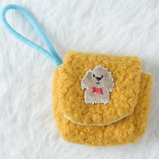 Plush Airpod Pouch - Mini Yellow Case With Cute Dog Patch