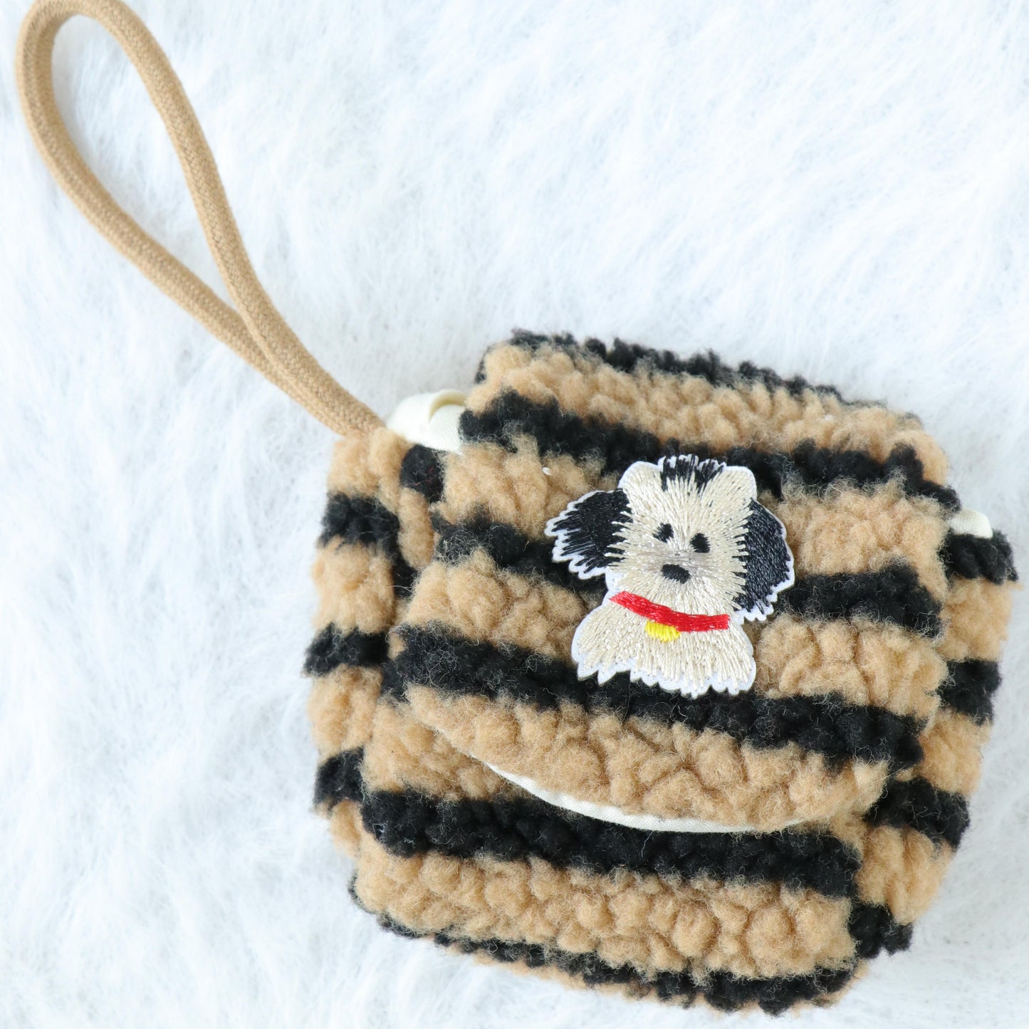 Plush Airpod Pouch - Mini Black Striped Case With Cute Dog Patch