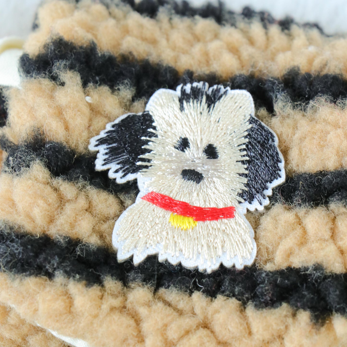 Plush Airpod Pouch - Mini Black Striped Case With Cute Dog Patch