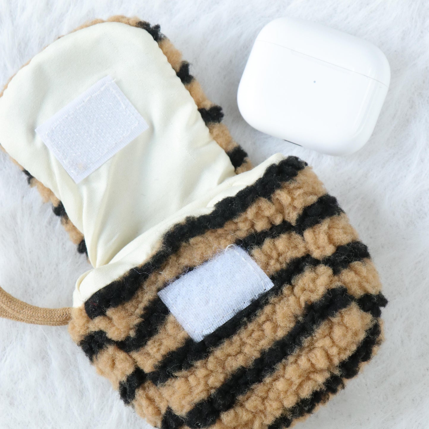 Plush Airpod Pouch - Mini Black Striped Case With Cute Dog Patch