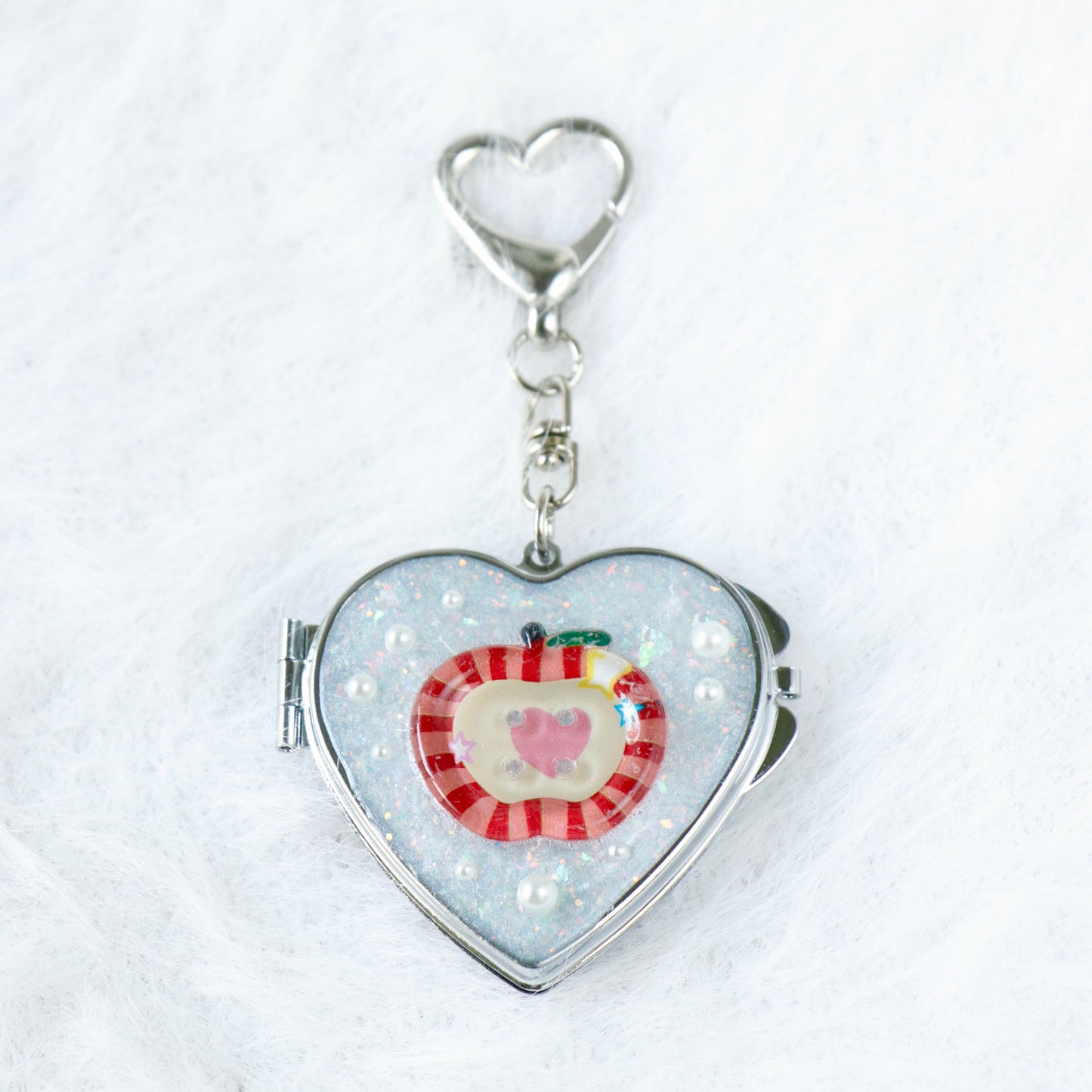 Gingham Apple Button Heart Mirror Keychain - Handmade Resin White Glitter Charm