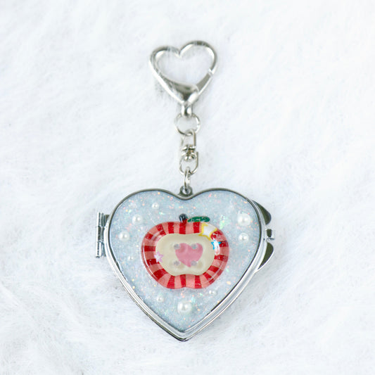 Gingham Apple Button Heart Mirror Keychain - Handmade Resin White Glitter Charm