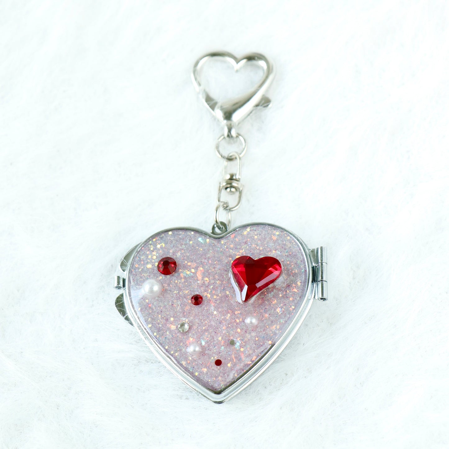 Gingham Apple Button Heart Mirror Keychain - Handmade Resin White Glitter Charm