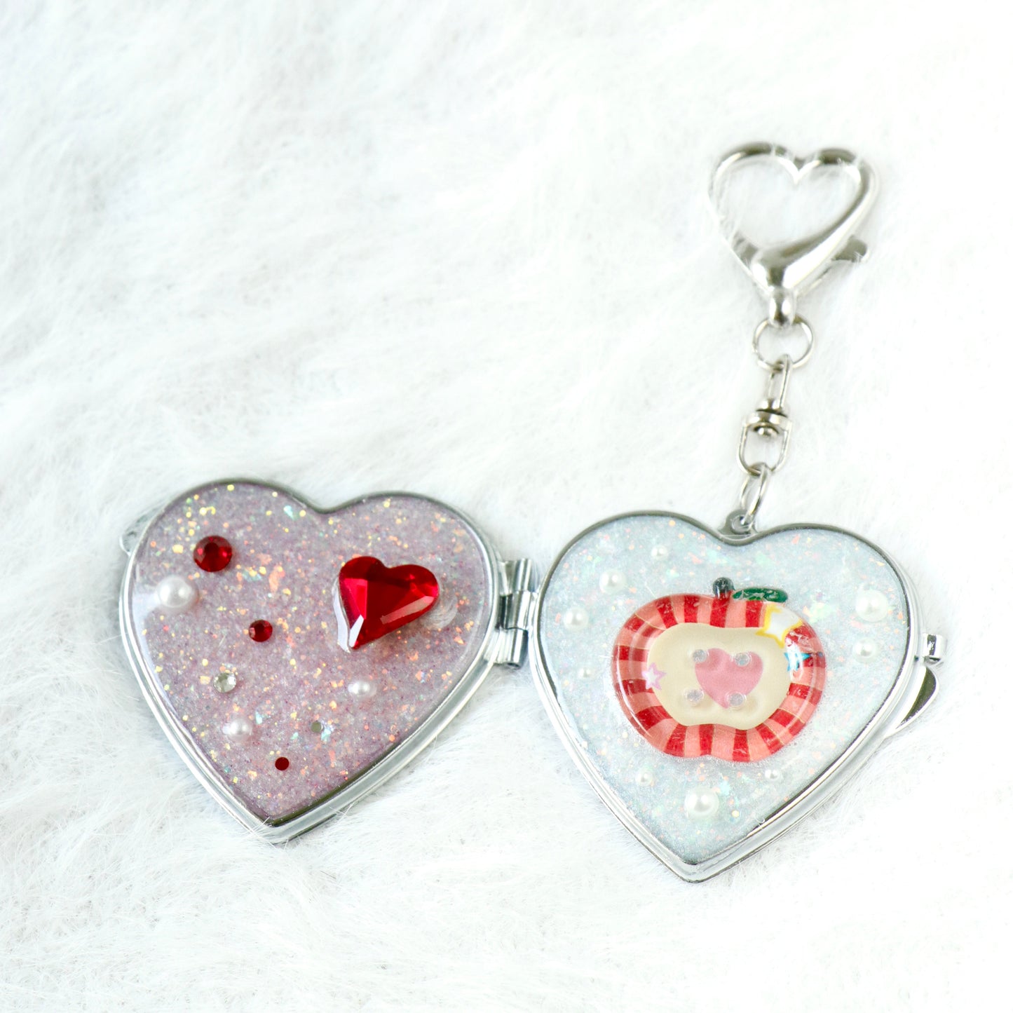 Gingham Apple Button Heart Mirror Keychain - Handmade Resin White Glitter Charm