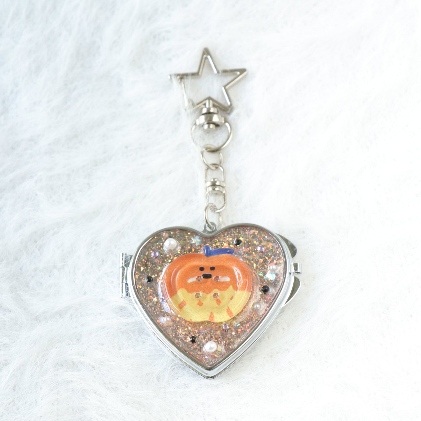 Gingham Apple Button Heart Mirror Keychain - Handmade Resin Orange Glitter Charm