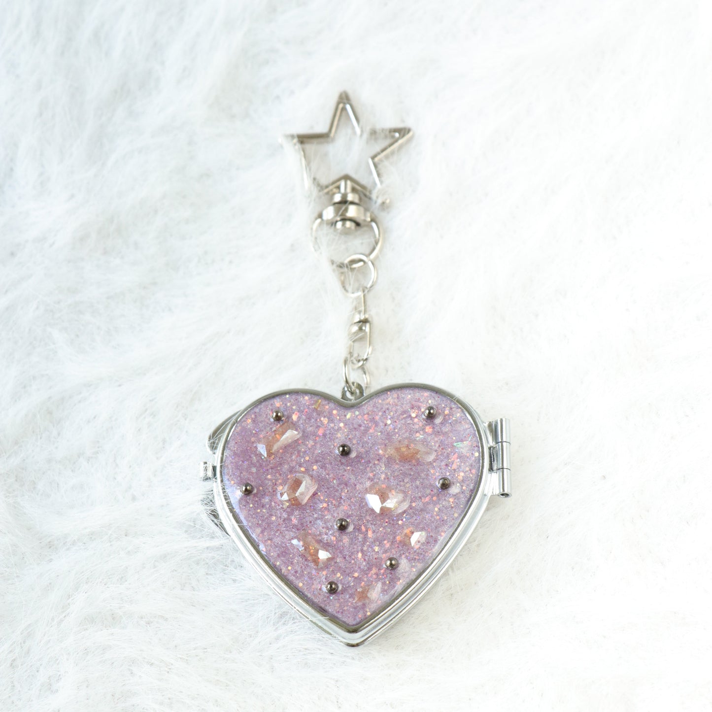 Gingham Apple Button Heart Mirror Keychain - Handmade Resin Orange Glitter Charm