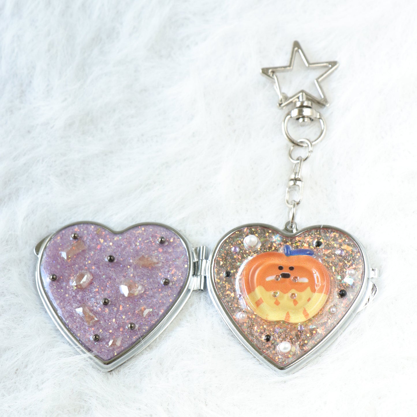 Gingham Apple Button Heart Mirror Keychain - Handmade Resin Orange Glitter Charm