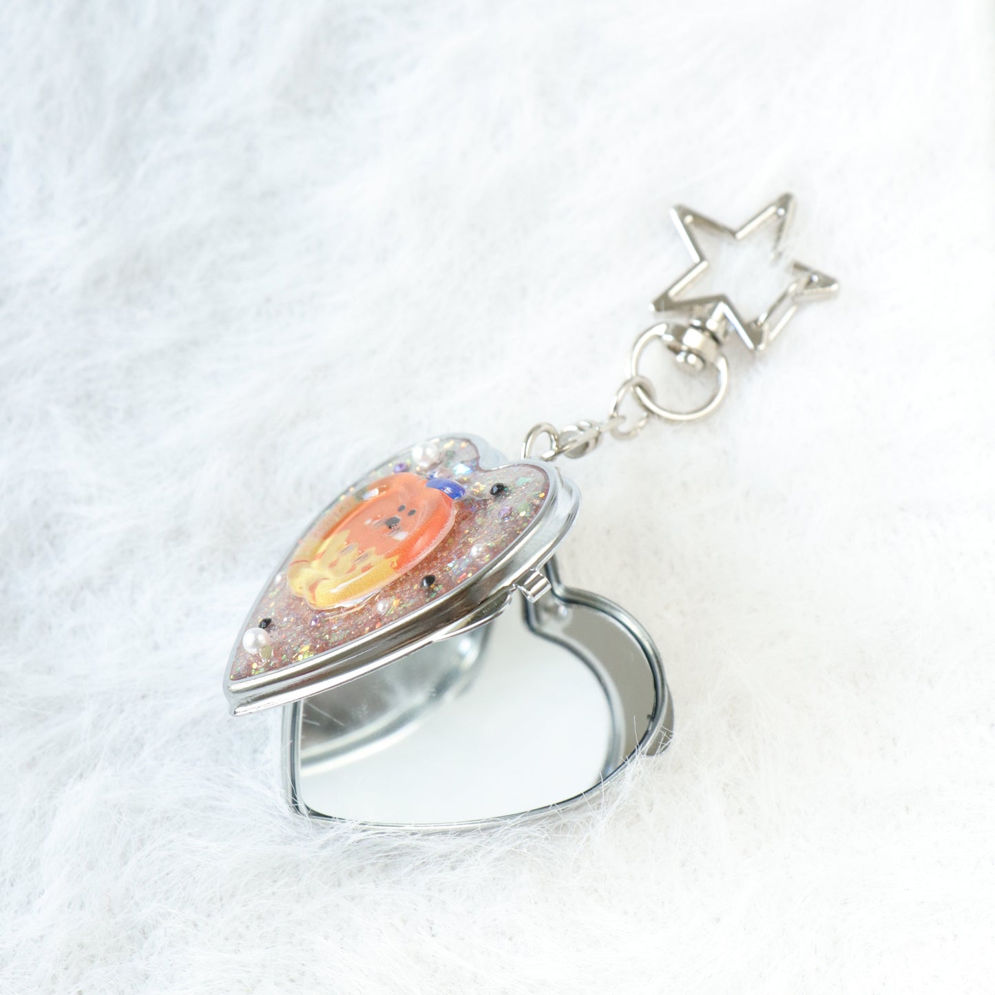 Gingham Apple Button Heart Mirror Keychain - Handmade Resin Orange Glitter Charm