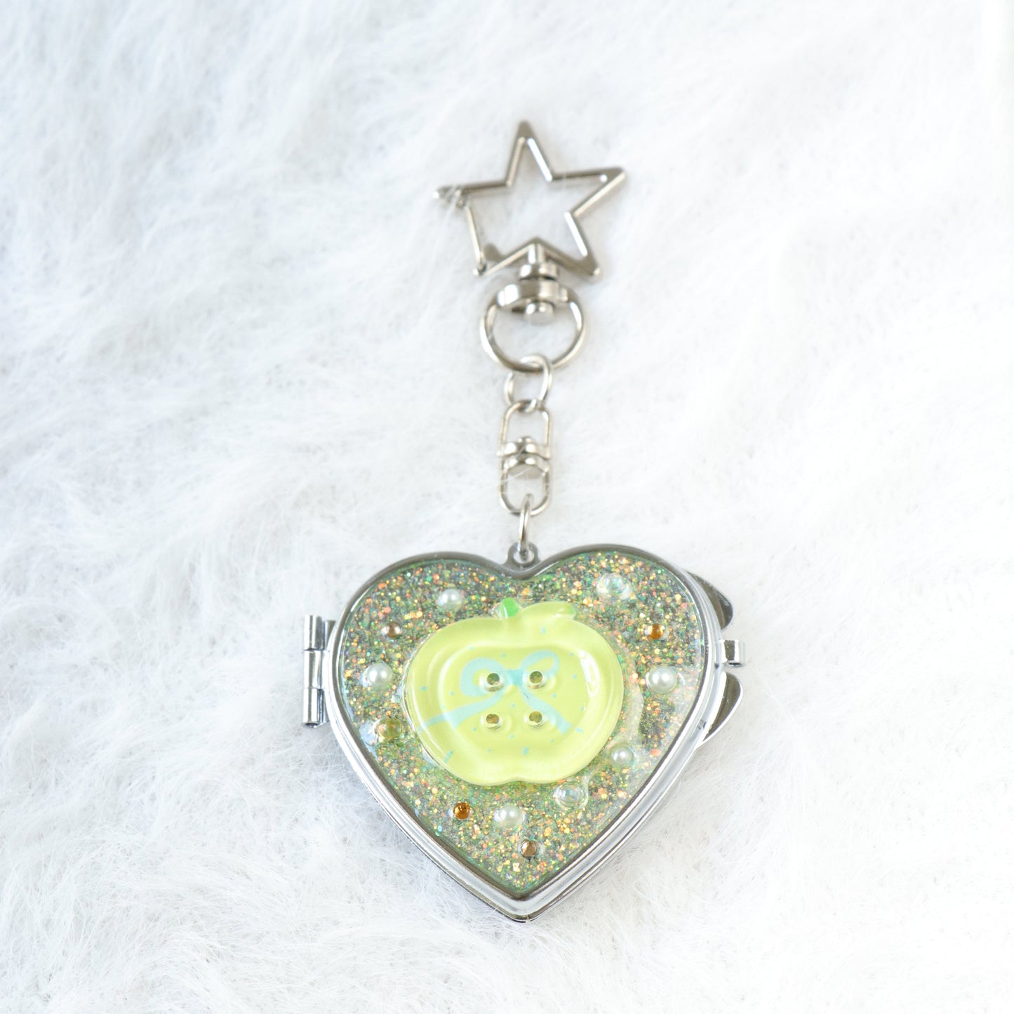 Gingham Apple Button Heart Mirror Keychain - Handmade Resin Yellow Glitter Charm