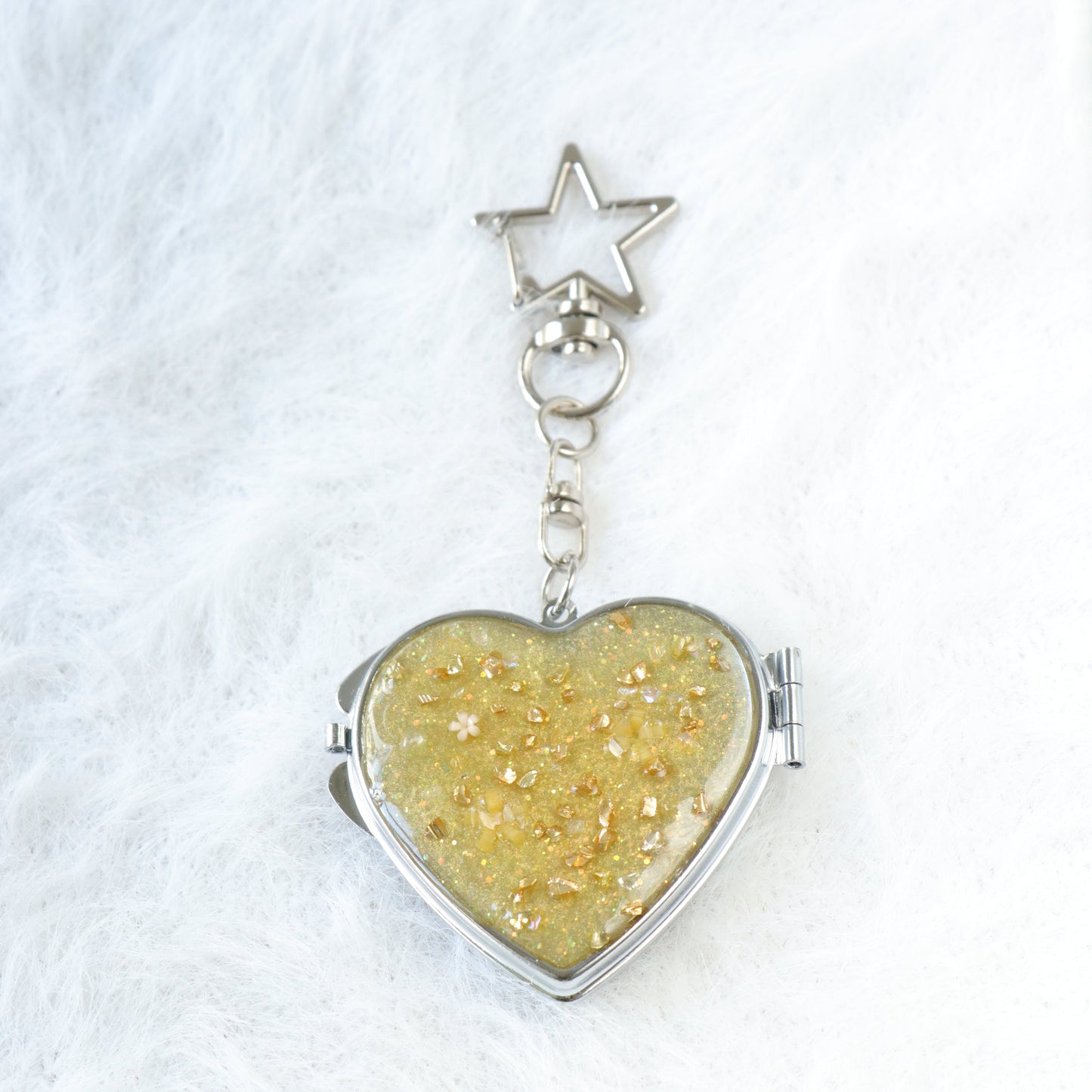 Gingham Apple Button Heart Mirror Keychain - Handmade Resin Yellow Glitter Charm