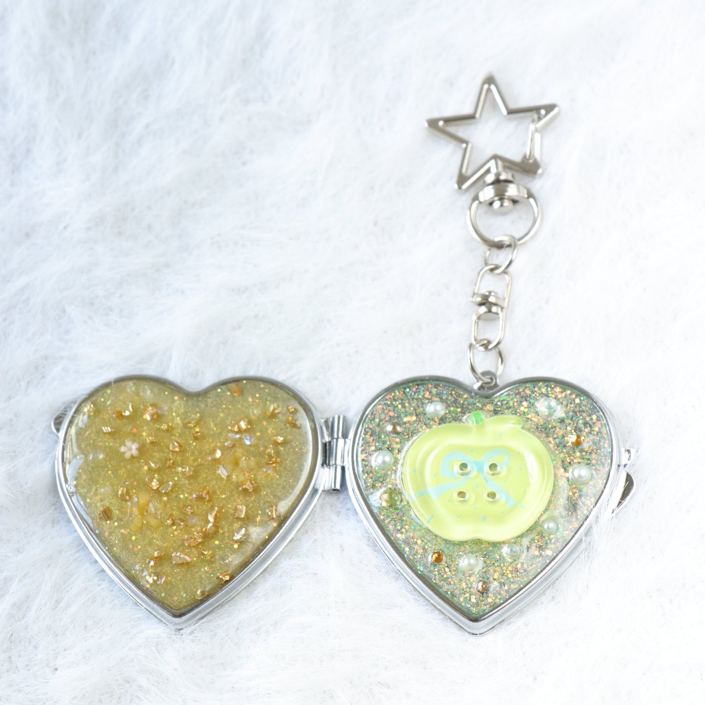 Gingham Apple Button Heart Mirror Keychain - Handmade Resin Yellow Glitter Charm