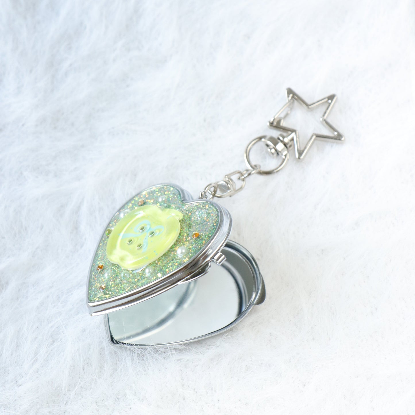 Gingham Apple Button Heart Mirror Keychain - Handmade Resin Yellow Glitter Charm