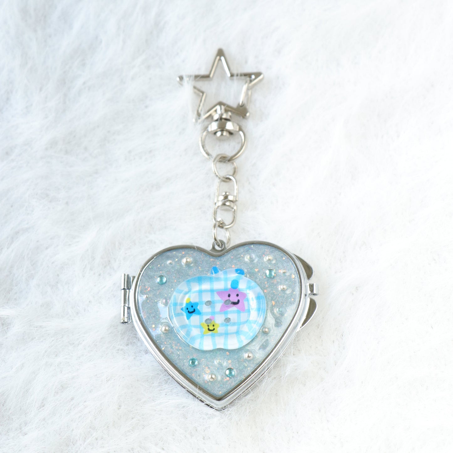 Gingham Apple Button Heart Mirror Keychain - Handmade Resin Blue Glitter Charm