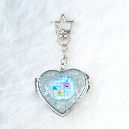 Gingham Apple Button Heart Mirror Keychain - Handmade Resin Blue Glitter Charm
