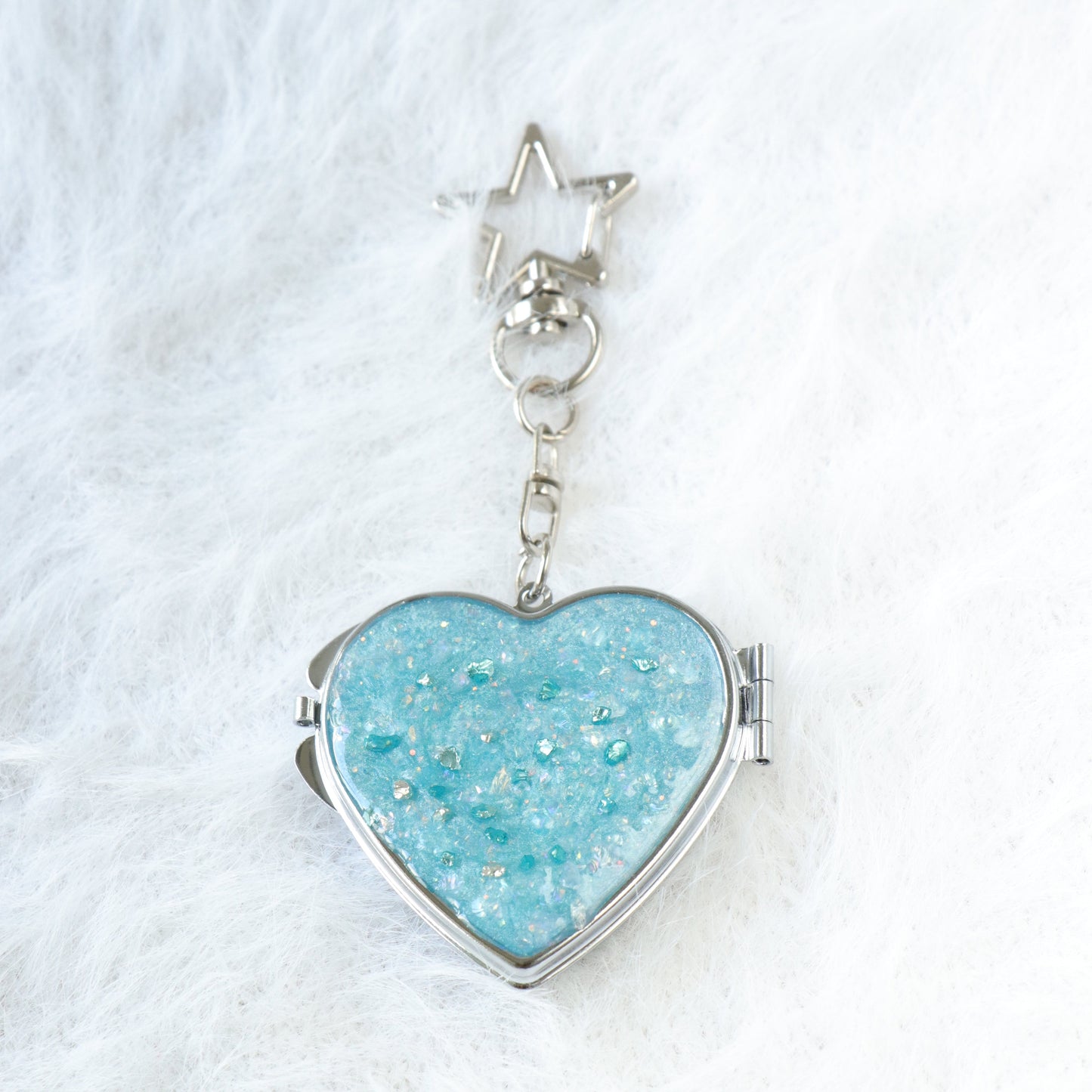Gingham Apple Button Heart Mirror Keychain - Handmade Resin Blue Glitter Charm