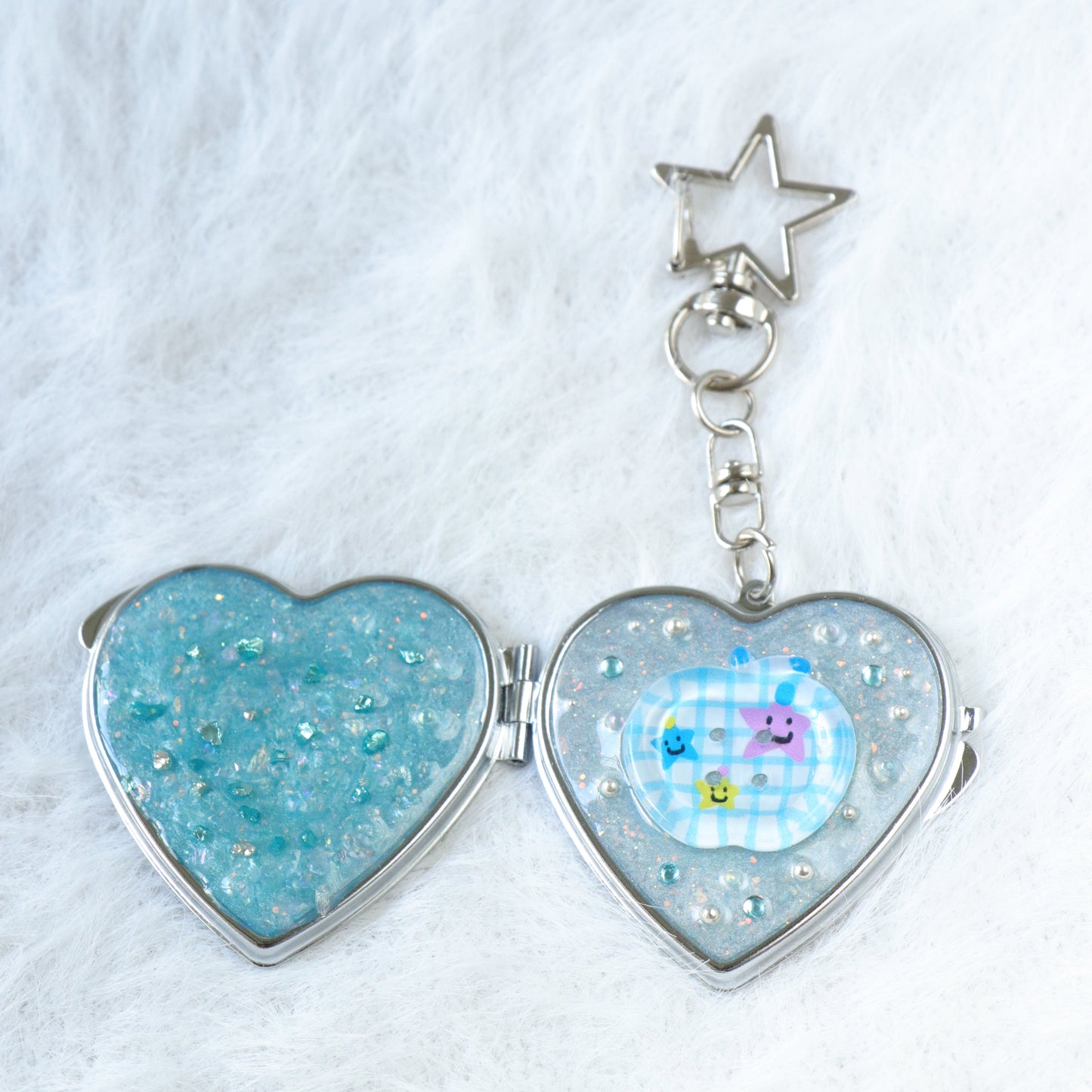 Gingham Apple Button Heart Mirror Keychain - Handmade Resin Blue Glitter Charm