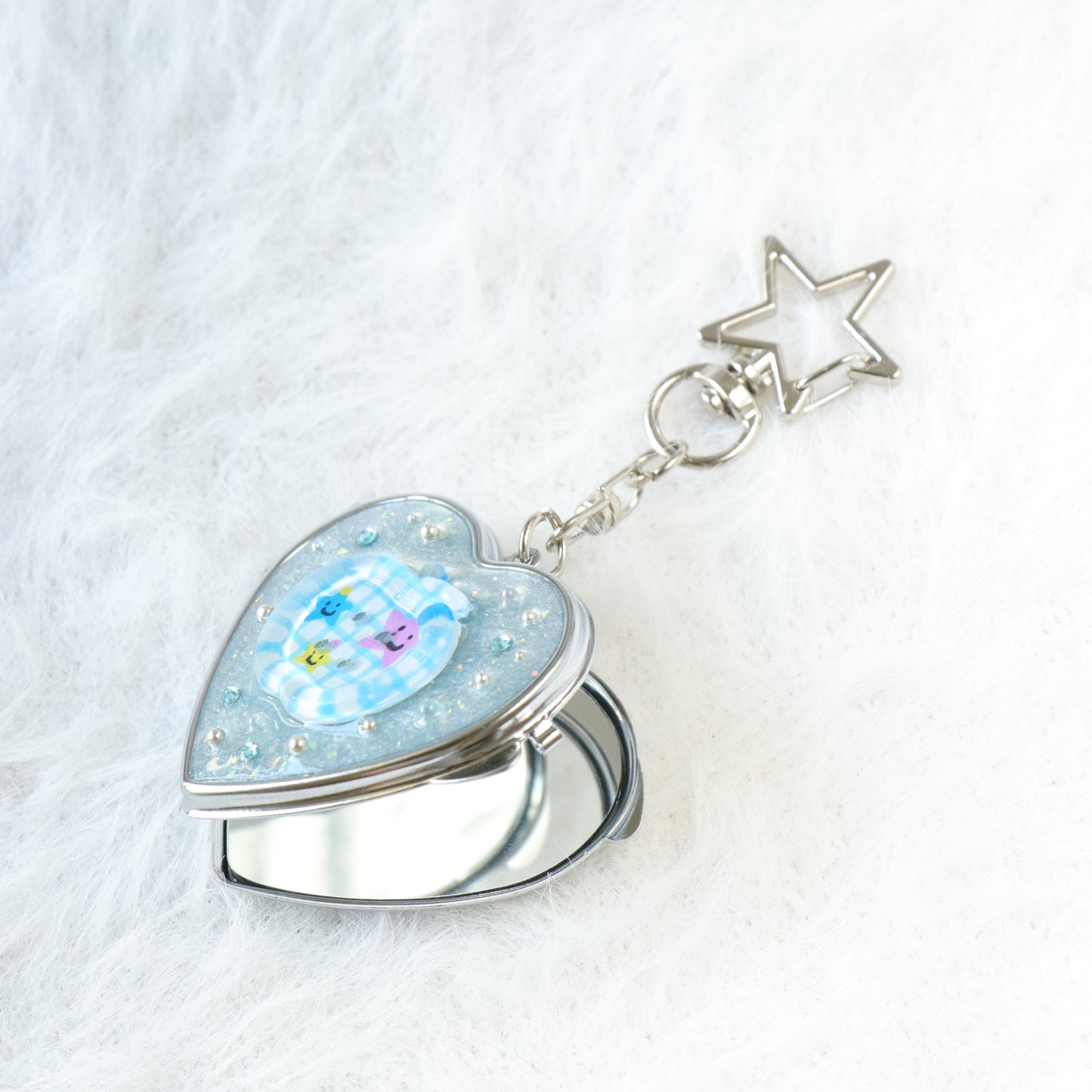 Gingham Apple Button Heart Mirror Keychain - Handmade Resin Blue Glitter Charm